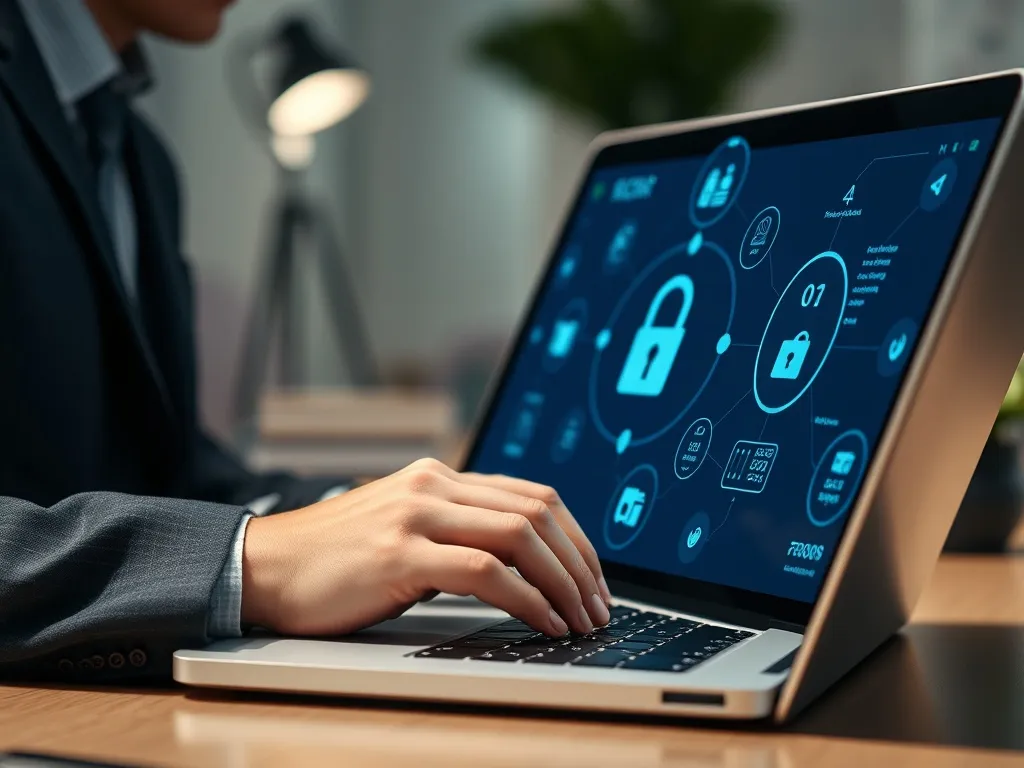 Close up of a person using a laptop for online banking, digi