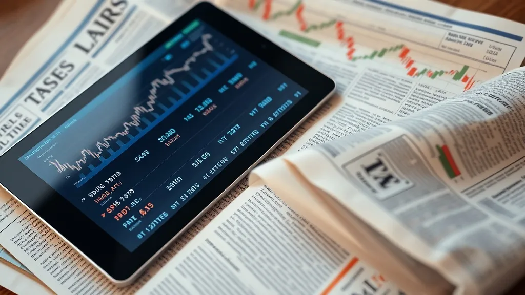 Close up of financial newspapers and a digital tablet showin