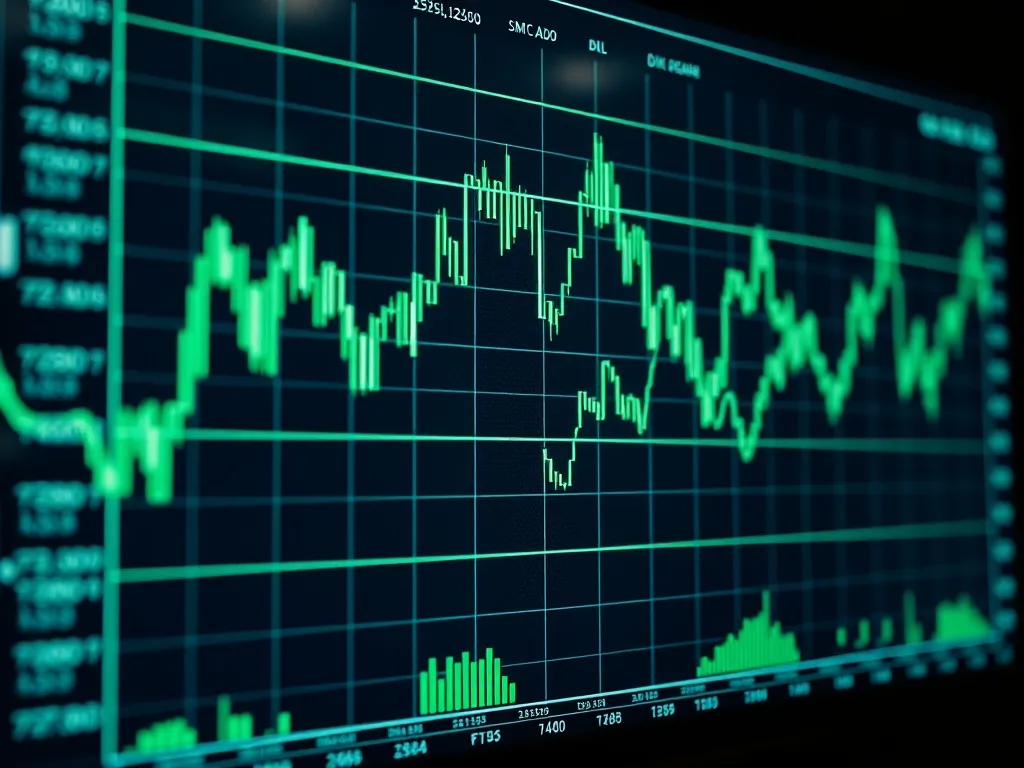 A high-tech digital screen displaying abstract financial cha