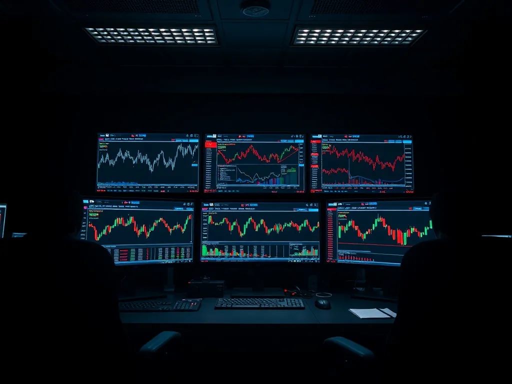 Professional financial trading desk with multiple monitors s